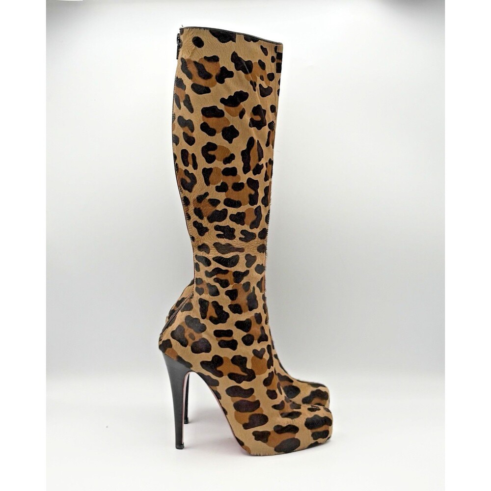 Christian Louboutin Cheetah Print Pony Hair Knee High Platform Boots Size EU 35